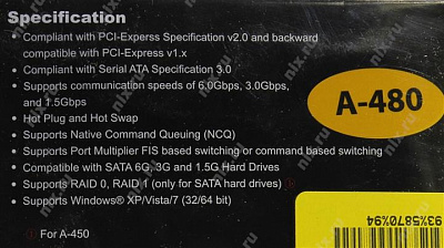 Контроллер STLab A-480 (RTL) PCI-Ex1 SATA 6Gb/s 2port-ext 2port-int