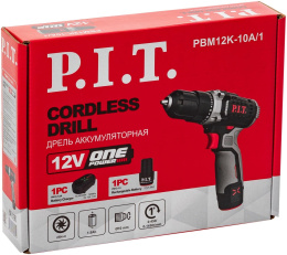 Дрель-шуруповёрт P.I.T. PBM12K-10A/1 аккумуляторная, 12В, 22Нм, 10 мм, 2ск, 0-350/1350, 1х2.0Ач, ЗУ, коробка