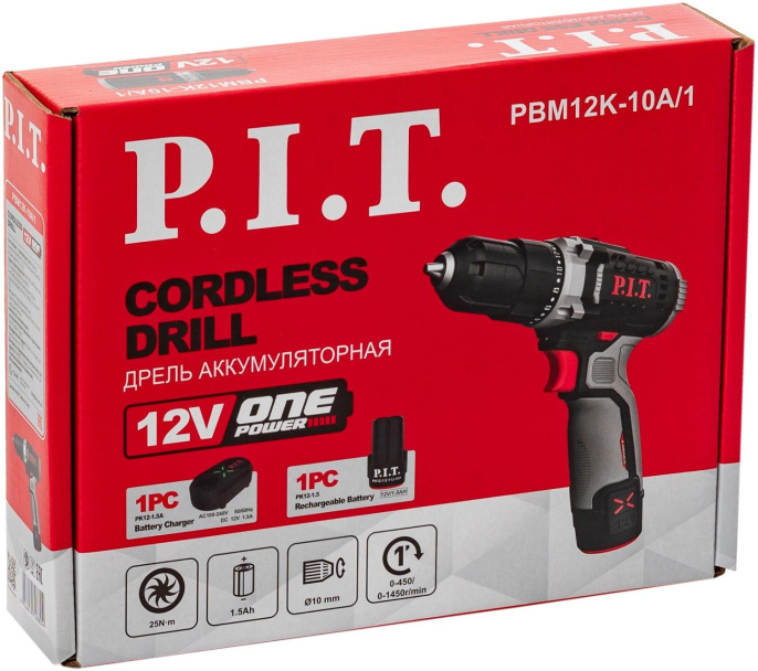 Дрель-шуруповёрт P.I.T. PBM12K-10A/1 аккумуляторная, 12В, 22Нм, 10 мм, 2ск, 0-350/1350, 1х2.0Ач, ЗУ, коробка