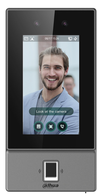 Контроллер доступа Dahua DHI-ASI6214S-PW 4,3", ИК-подсветка, 6 000 пользователей, 6 000 лиц, 6 000 паролей, 6 000 отпечатков пальцев, 10 000 карт, 50 администраторов и 300 000 записей, распознавание от 0,3 до 1,5 м, IP65, IC-карты