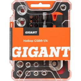 Набор Gigant: биты-20 шт, торцовые головки-12шт, трещотка 1/4-1шт, адаптер для бит SQ 1/4"хHex 1/4", удлинитель 1/4"/90мм GSBR-1/4