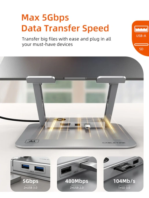 Подставка CABLETIME CS52S (CT-LS08H-AS) док-станция для ноутбука 8-в-1 - Space Grey