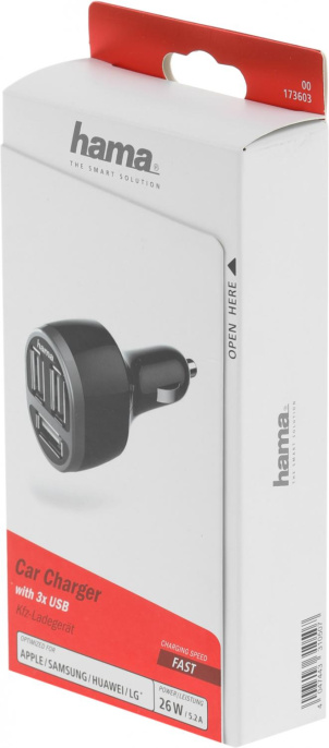 Автомобильное зарядное устройство HAMA H-173603, 3xUSB-A, 5Вт, 2.1A, черный [00173603]