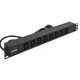 Блок розеток с кабелем с евровилкой ExeGate ServerPro PDU-19H809 Al-8C13-EU2.5CU (19", 1U, Алюминий, 8 IEC 320 C13, кабель с евровилкой VDE-250V-16A-3*1.5mm2, медь, 2.5 метра, индикатор питания, черный, RTL) EX280855RUS