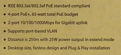 коммутатор PLANET. PLANET 4-Port 10/100/1000T 802.3at POE + 2-Port 10/100/1000T Desktop Switch (55W POE Budget, External Power Supply)