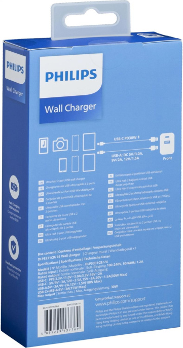 Сетевое зарядное устройство Philips DLP5331, USB + USB type-C, 30Вт, 1.5A, черный [dlp5331cb/74]