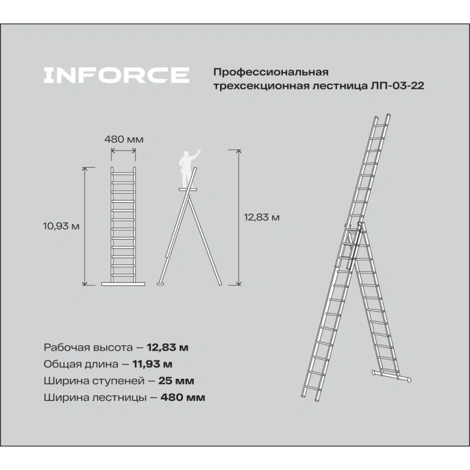Профессиональная трехсекционная лестница Inforce 3x16 шириной 480мм ЛП-03-22