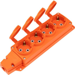Rexant 111-228 Розетка колодка влагозащищенная с крышкой 4 гнезда COMPACT, с/з, 16А, IP54, каучук, оранжевая