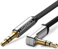 Кабель UGREEN AV119-10596 AUX 3.5mm M to AUX 3.5mm M , улогвой 90°, позолоченные коннекторы, Качество стереозвучания Hi-Fi, силиконовый круглый, 0.5m, Black