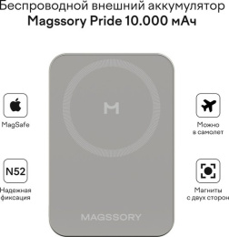 Внешний аккумулятор Magssory Pride Титан (PBN021) (емкость: 10000 мАч, совместимость с MagSafe, мощность: 15 Вт, материал: алюминий, длина кабеля: 1.2 м, кабель: Type-C)