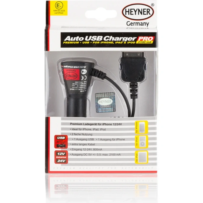 Зарядное устройство Heyner для iPhone/iPad/iPod, 12/24 В, 2 порта: 1 порт USB / 1 порт для iPhone 511700