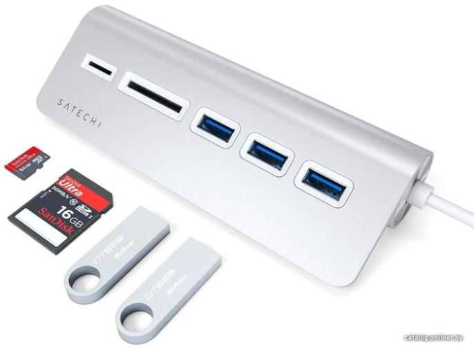 USB-концентратор Satechi Type-C USB Hub & Micro/SD Card Reader. Интерфейс USB-C. 3 порта USB 3.0 , слоты для карты памяти. Цвет серебряный. (ST-TCHCRS)