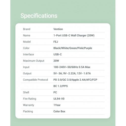 Сетевое зарядное устройство Vention на 1 порт USB С 20W Розовый, шт. FEJP0-EU