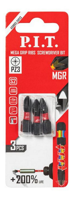Бита P.I.T. ASDR02-25PZ3 ударная магнитная PZ3x25 мм, MGR, IMPACT, торсионная зона, 3 шт