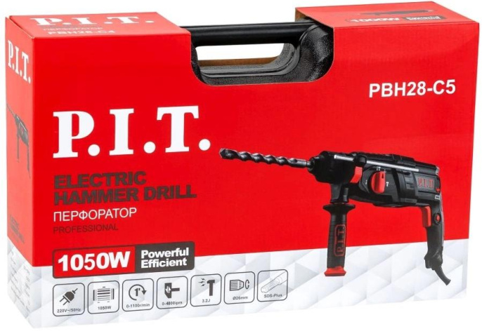 Перфоратор P.I.T. PBH28-C5 SDS-Plus электрический, горизонт, 1050Вт, 3.2 Дж, 3 режима, Ø 28 мм, 0-1100, кейс