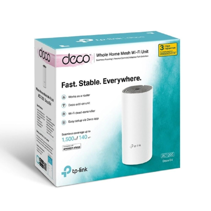 Бесшовный Mesh роутер TP-LINK Deco E4,  Wi-Fi 5,  AC1200,  2.4/5ГГц, 2 WAN/LAN, белый [deco e4(1-pack)]