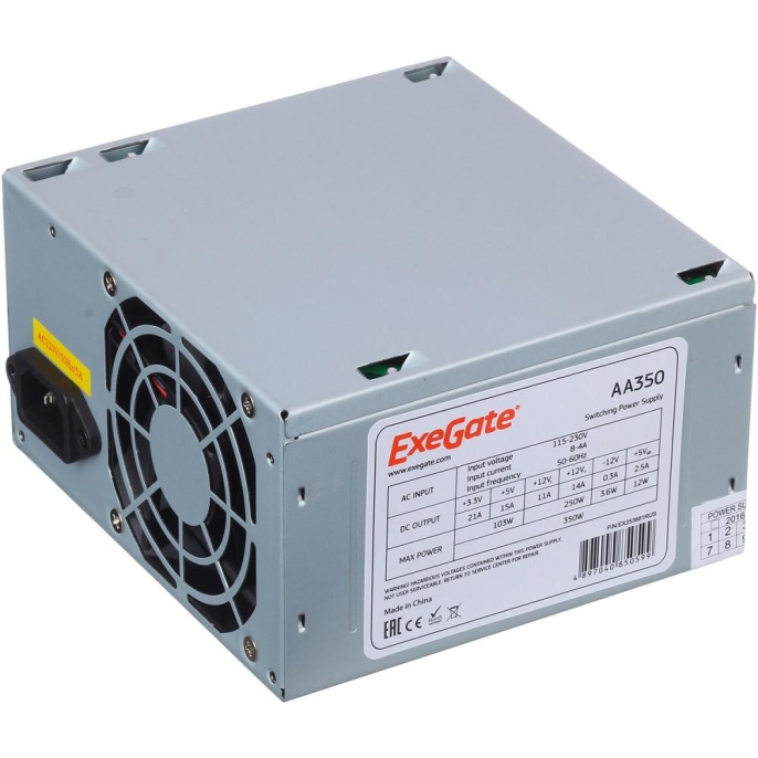 Блок питания 350W ExeGate AA350 ATX, 8cm fan, 24pin, 4pin, 2xSATA, IDE EX253681RUS