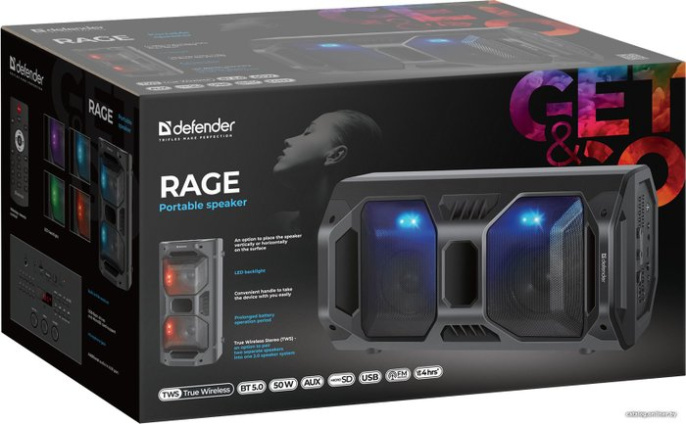 Портативная акустика Rage 50Вт, Light/BT/FM/USB/LED/TWS Defender ,65109