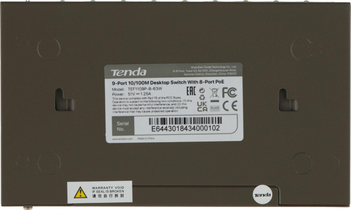 Коммутатор Tenda TEF1109P-8-63W 9x100Мбит/с 8PoE 58W неуправляемый