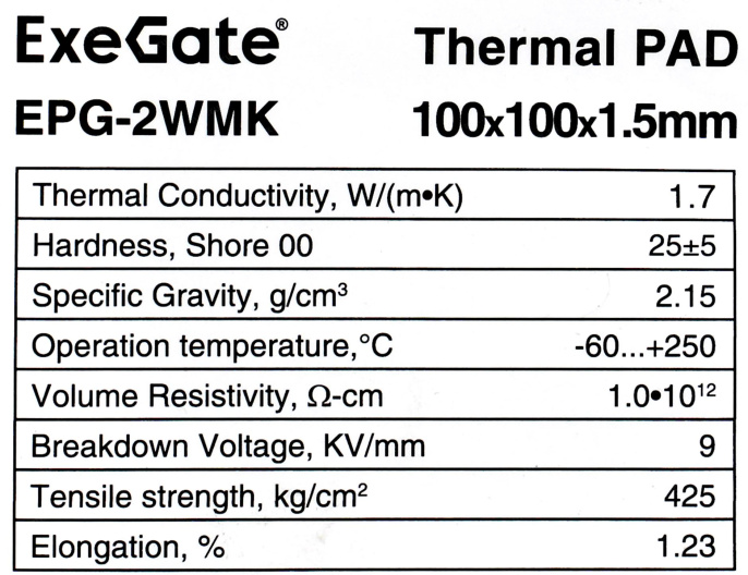 Термопрокладка ExeGate EPG-2WMK 100x100x1.5 mm, 1,7 Вт/ м•К , теплопроводящая клейкая двухсторонняя EX293277RUS