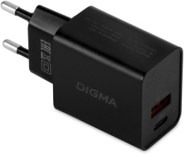 Сетевое зарядное устройство Digma DGW2D,  USB-A,  USB-C, 20Вт, 3A, черный [dgw2d0f110bk]