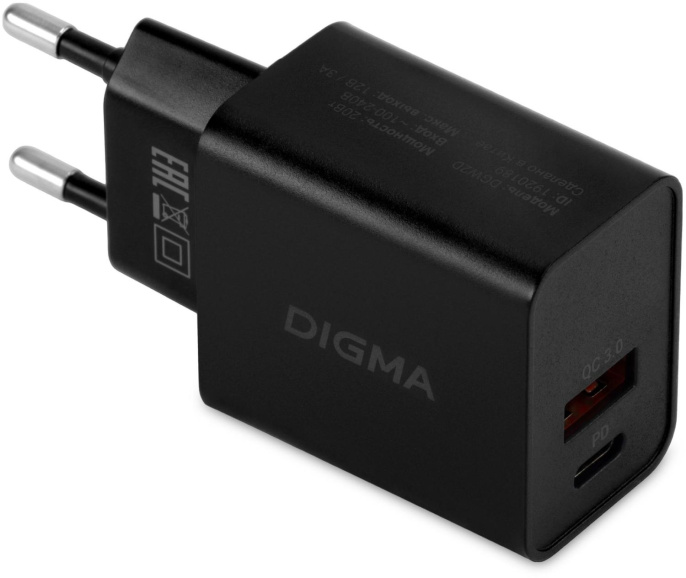 Сетевое зарядное устройство Digma DGW2D,  USB-A,  USB-C, 20Вт, 3A, черный [dgw2d0f110bk]