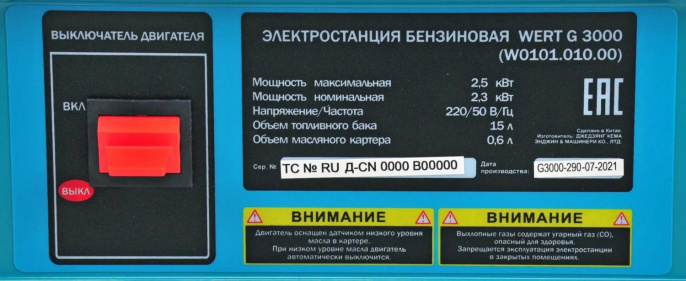 Бензиновый генератор WERT G 3000, 220/12 В, 2.5кВт [199749]