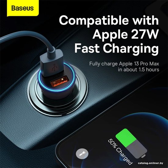 Автомобильное зарядное Baseus CGJM000113 Golden Contactor Max Dual Fast Charger U+C 60W Dark Gray для телефонов, для планшетов, на 2 устройства, разъемы: USB Type-A, USB
