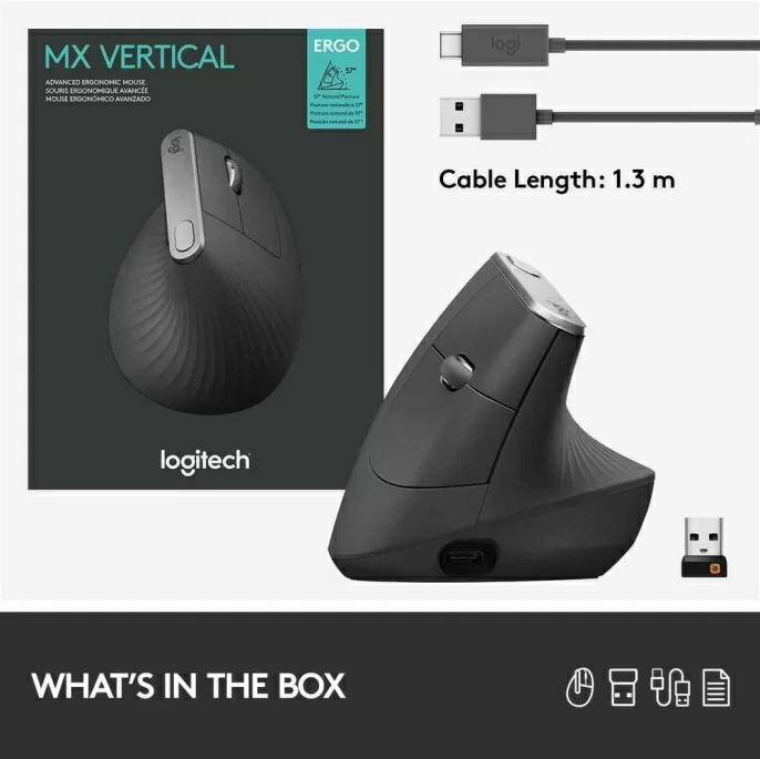 Logitech Мышь беспроводная MX Vertical, оптическая, 400-4000 DPI, Bluetooth/Радио, Li-pol, чёрный.