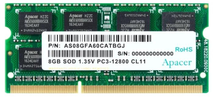 Оперативная память Apacer DDR3 8GB 1600MHz SO-DIMM PC3-12800 CL11 1.5V Retail 512*8 3 years AS08GFA60CATBGC/DS.08G2K.KAM