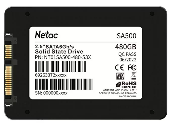 SSD накопитель Netac SSD SA500 480GB 2.5 SATAIII 3D NAND, R/W up to 520/450MB/s, TBW 240TB, 3y wty