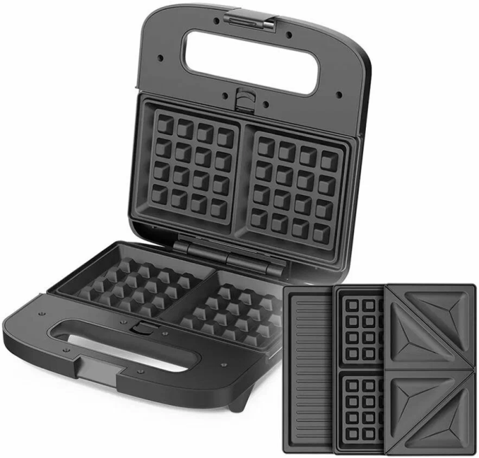 Мультипекарь BQ ST2000 800 Вт, поверхность: гриль-пластина/форма для 2 ломтиков хлеба/вафельница, съемные плитки, вид выпечки: венские бельгийские вафли/гриль/сэндвич, антипригарное покрытие, цвет: черный