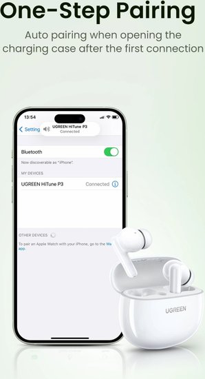Наушники Ugreen HiTune P3 WS207 (белый) беспроводные, наушники с микрофоном, внутриканальные, портативные, полностью беспроводные (TWS), Bluetooth 5.4, время работы 5.5 ч, с кейсом 28 ч