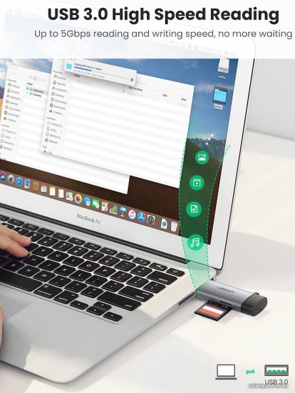 Карт-ридер Ugreen CM185 50706 переносной, поддержка: SD, SDHC, SDXC, microSD, microSDHC, microSDXC, MMCmicro, RS-MMC, порты USB, разъем подключения к устройству USB 3.2 Gen1 Type-A (5 Гбит/с)/USB 3.2 Gen1 Type-C (5 Гбит/с), цвет серебристый
