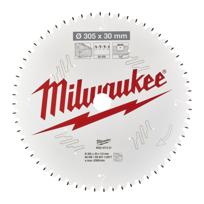 Диск пильный Milwaukee 305x30x3.0x60 ATB 4932471321 по дереву для торцовочной пилы, угол атаки зуба: -5°, низкая вибрация