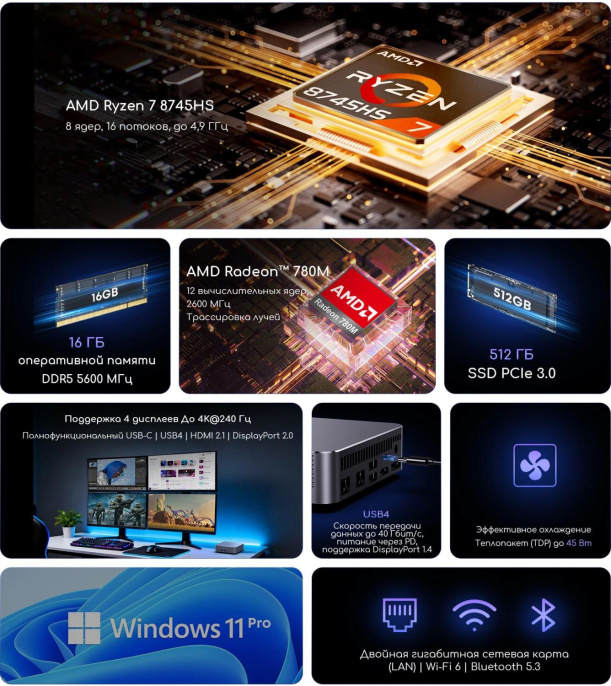 Неттоп Acer Gadget E10 ERBox AMD Ryzen 7 8745HS,  DDR5 16ГБ, 512ГБ SSD, AMD Radeon 780M,  Windows 11 Pro,  черный [1747236]