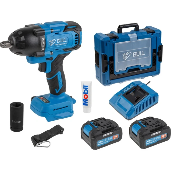 Аккумуляторный ударный гайковерт BULL SC 1807 Xcase, XLTpro, бесщеточный, 18 В, 750 Н*м, 1/2, 2x4 А*ч, з/у 4 А 1329723
