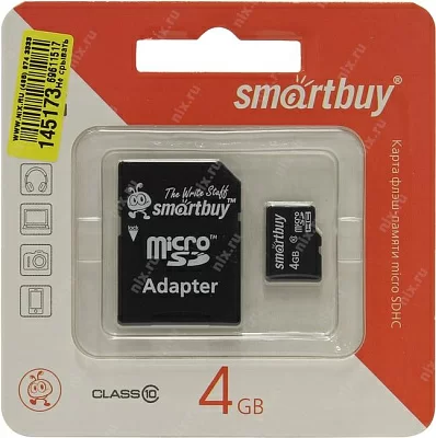 Карта памяти SmartBuy SB4GBSDCL10-01 microSDHC 4Gb Class10 + microSD--SD Adapter