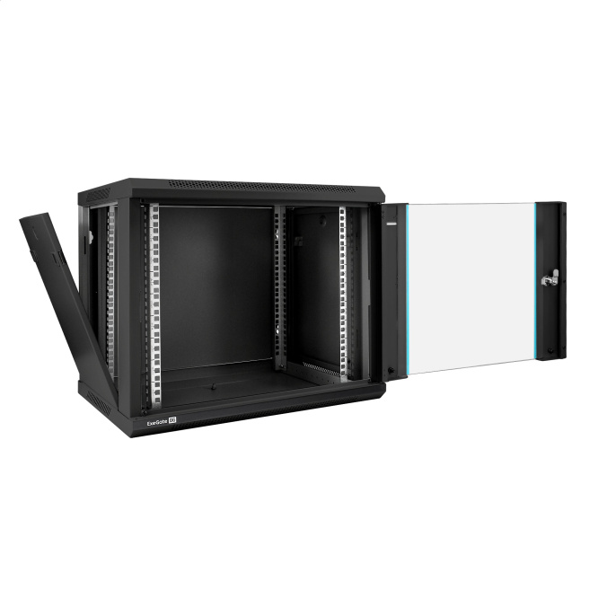 Шкаф телекоммуникационный 19" настенный 9U ExeGate EC-WM-9U.450.G.BLACK (19”, 9U, 600x450x500mm (ШхГхВ), передняя дверь закаленное стекло, съемные боковые панели, пыле- и влагозащита IP23, черный RAL 9004) EX298607RUS