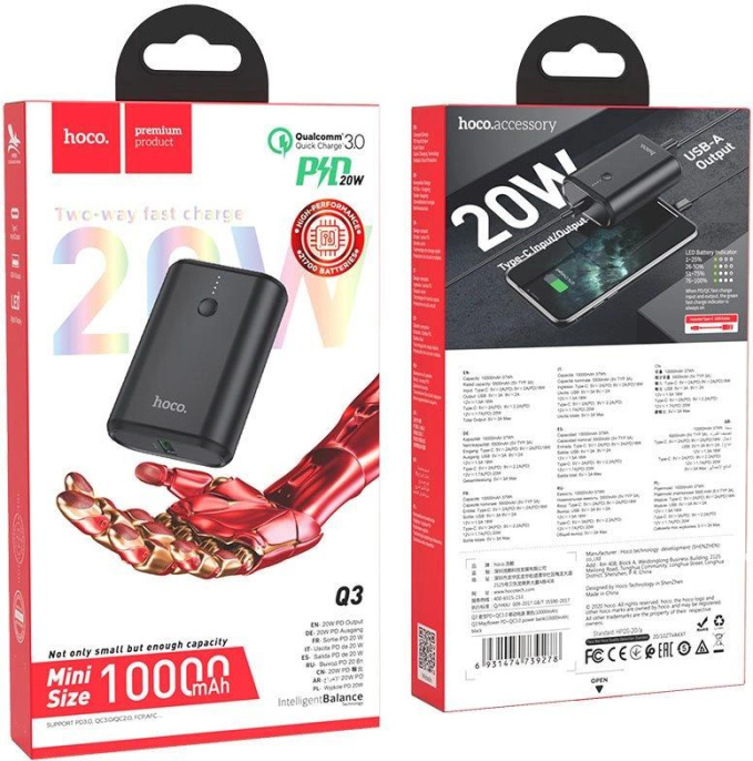 Мобильный аккумулятор Hoco Q3 Mayflower 10000mAh 3A черный PD20W+QC3.0 42896