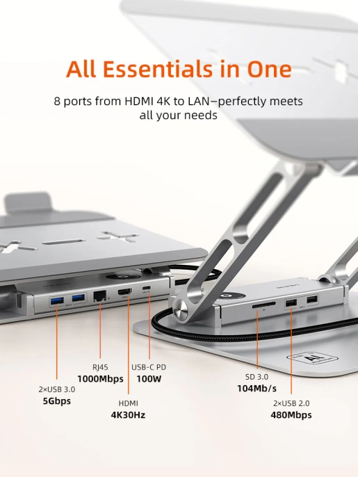 Подставка CABLETIME CS52S (CT-LS08H-AS) док-станция для ноутбука 8-в-1 - Space Grey