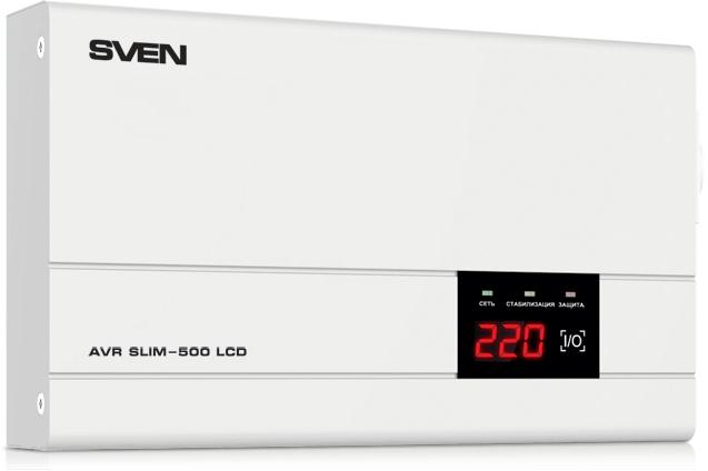 SVEN Стабилизатор AVR SLIM-500 LCD 400Вт,Входное 140-260В, 1*CEE7/4 розетка, настенное крепление . SV-012809