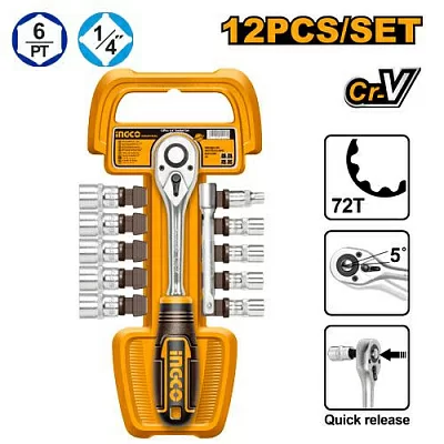 Набор инструментов 12 ШТ 1/4" с ключом-храповиком Ingco HKTS14122,5-14мм, CR-V