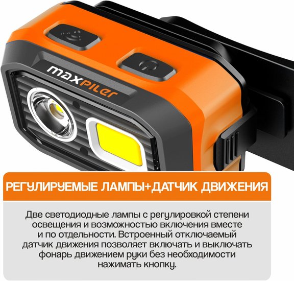 Фонарь налобный аккумуляторный MaxPiler MHF-02 (500-120 Лм, LED SMD+COB, 55*, 4 реж, 1,2-10ч, инд. заряда)