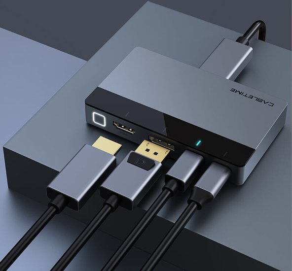 Переключатель CABLETIME CB00G (CT-PS41-GB1) 4-в-1, Mini DP / DP / HDMI / Type-C, 4K@60 Гц, 15 м, подсветка, космический серый