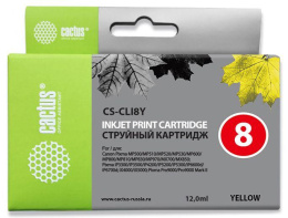 Картридж струйный Cactus CS-CLI8Y CLI-8Y желтый 13.4мл для Canon Pixma MP470/MP500/MP510/MP520/MP530/MP600/MP800/MP810/MP830/MP970/iP3300/iP3500/iP4200/iP4300/iP5200/iP5300/iP6600D/iP6700D/MX700/MX850/iX4000/iX5000/Pro9000/9000Mark II с чипом