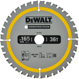 Диск пильный DeWalt DT1950-QZ диаметр диска: 165мм, диаметр посадочного отверстия: 20мм, число оборотов: 7000об/мин, толщина диска: 1мм, ширина пропила под углом 90°: 1.49мм, материал обработки: дерево, пластик, материал изготовления: сталь, твердый спла