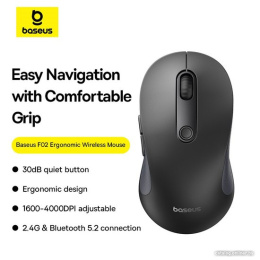 Мышь Baseus B01055505111-01 Ergonomic; без батареек, рабочее расстояние 10м, совместимость с Windows, Harmony OS, Apple OS, Linux, Vista; Cluster Black