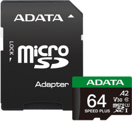 Карта памяти microSDXC 64GB ADATA Speed Plus UHS-I U3/V30/A2, up to 180/160 MB/s, Durable Water Shock X-Ray-Proof UD64GUI3V30A2SP-RA1