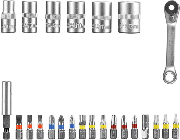 Набор бит P.I.T. ASET04-0024 с трещоткой, 24 шт, биты 25мм 16шт , головки 6шт